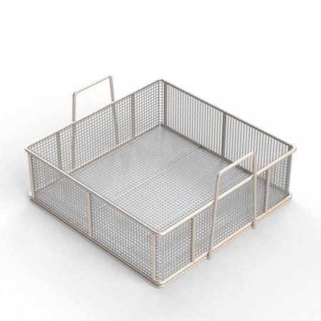 Anysizebasket Rectangular Wire Mesh Basket: 18Lx18Wx6H, 304 SS, 5/16 Rod Frame, Stacking Handles, Mesh: 2 x .063 TMT-180180060-A02S